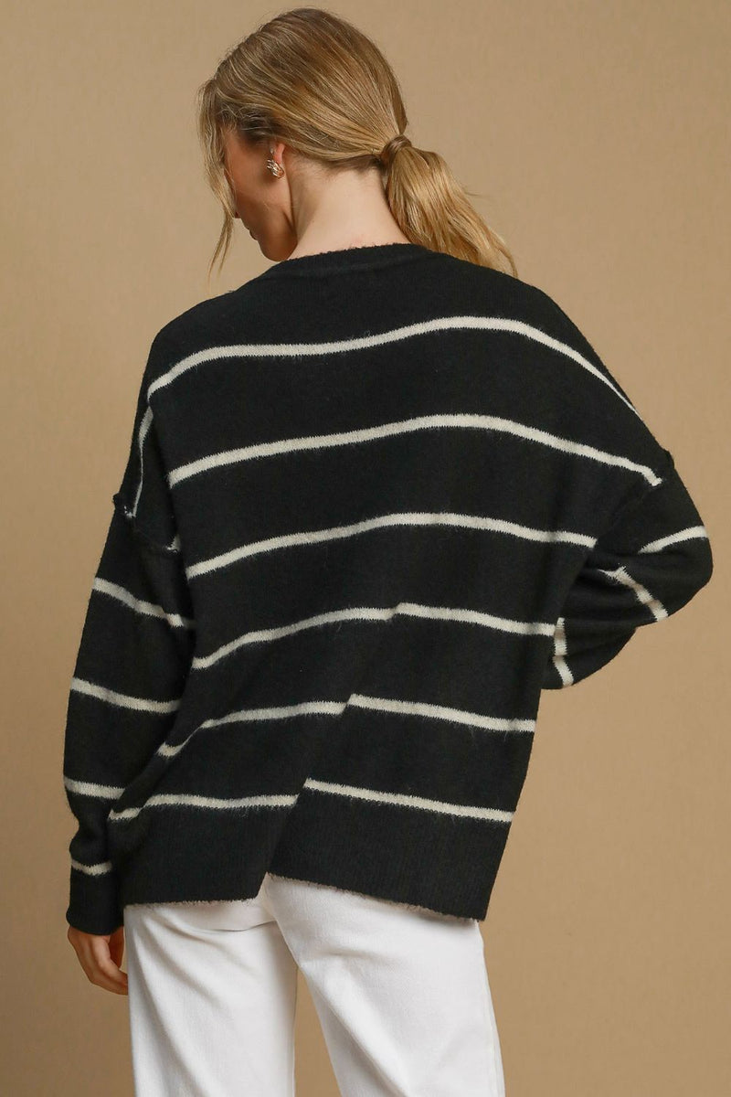 Umgee Wool Blend Striped Round Neck Sweater - Brittney MADE