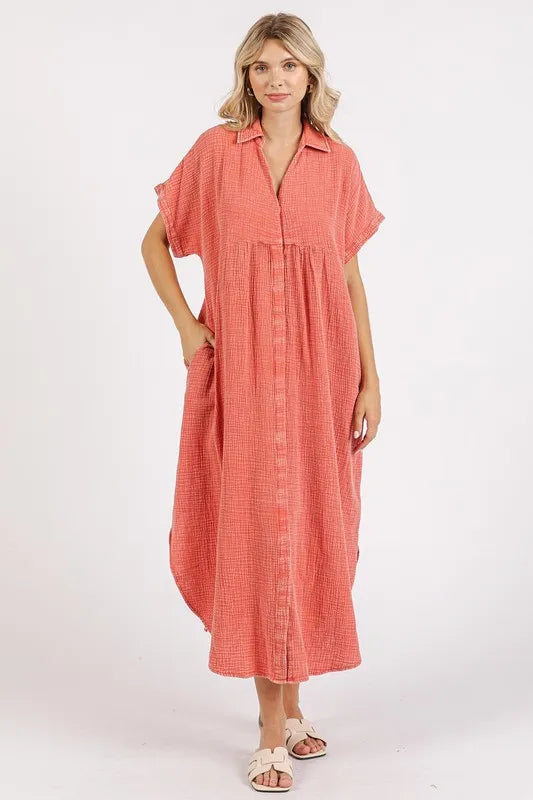 Mittoshop Mineral Wash V Neck Button Up Midi Shirt Dress - Brittney MADE