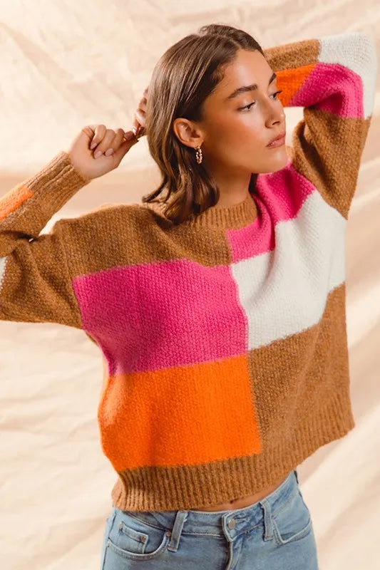 SO ME Multi Color Block Checkered Sweater Top - Brittney MADE