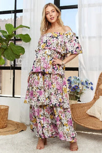 ADORA Layered Floral Off-Shoulder Short Sleeve Maxi Dress - Brittney MADE