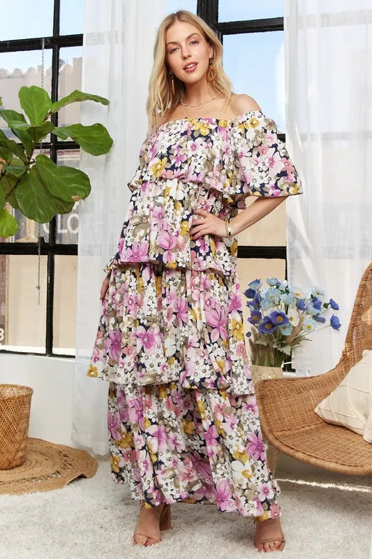ADORA Layered Floral Off-Shoulder Short Sleeve Maxi Dress - Brittney MADE