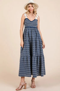 GeeGee Geometric Embroidered Smocked Tie Shoulder Midi Dress - Brittney MADE