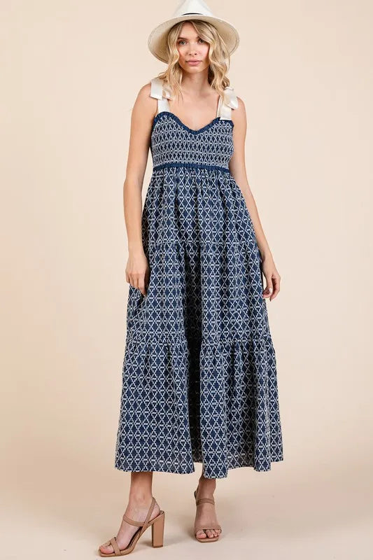 GeeGee Geometric Embroidered Smocked Tie Shoulder Midi Dress - Brittney MADE