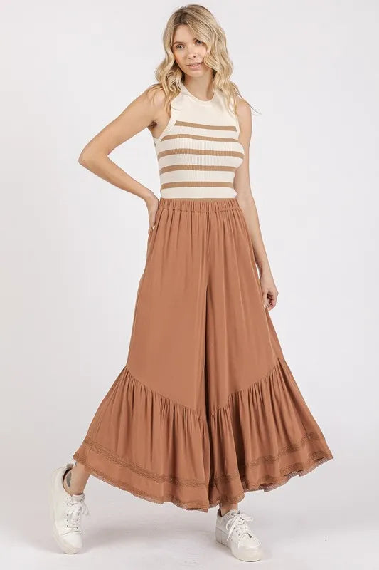 Mittoshop Lace Ruffle Asymmetric Hem Wide Leg Pants - Brittney MADE