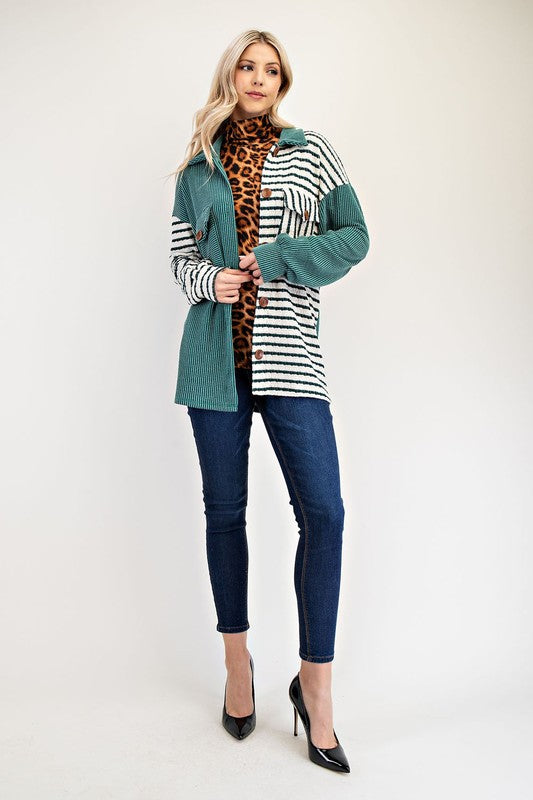 Celeste Full Size Striped Button Up Dropped Shoulder Shacket - Brittney MADE