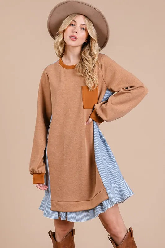 Ces Femme Striped Patchwork Round Neck Terry Sweatshirt Dress - Brittney MADE