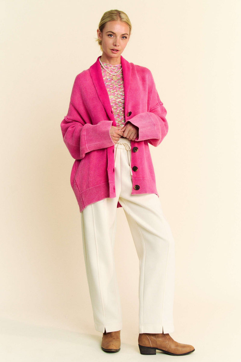 Davi & Dani Shawl Collar Ribbed Detail Button Up Cardigan - Brittney MADE