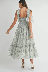 MABLE Floral Bust Ruched Midi Dress with Shoulder Tie - Brittney MADE