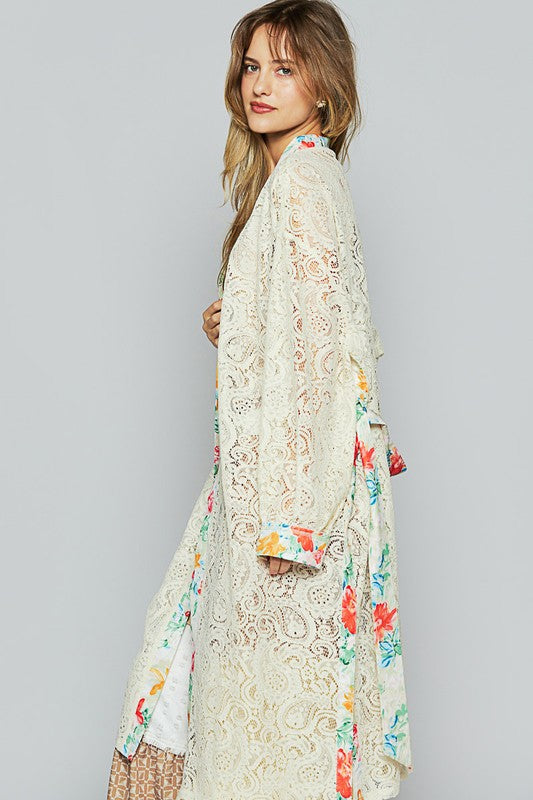 POL Floral Trim Lace Open Front Longline Cardigan - Brittney MADE