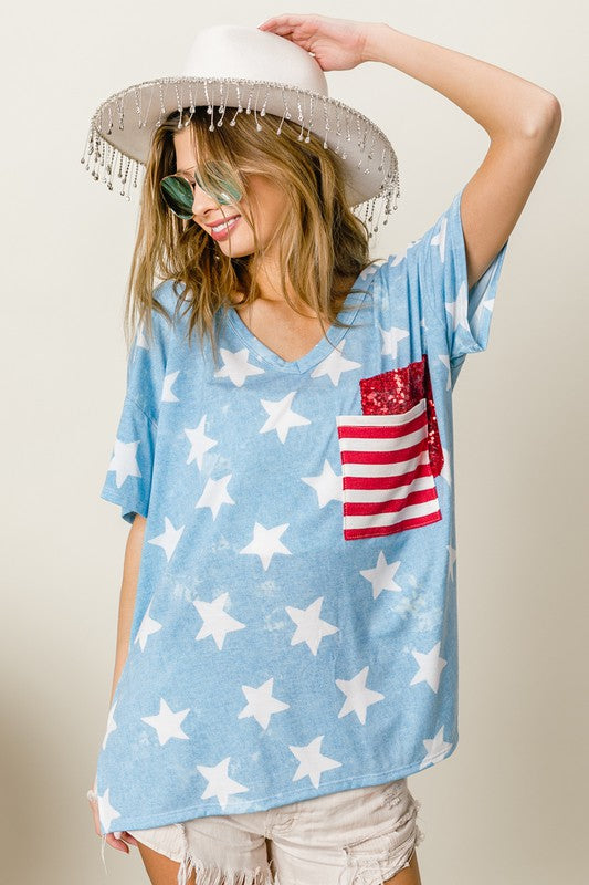 BiBi Star Print Sequin V-Neck Short Sleeve T-Shirt - Brittney MADE