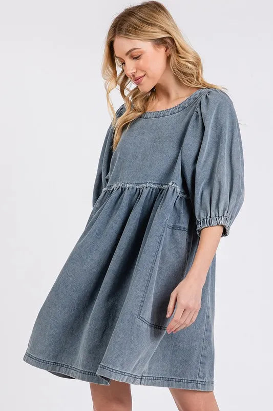 Mittoshop Washed Round Neck Puff Sleeve Denim Dress - Brittney MADE