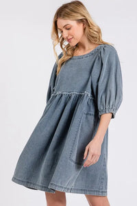Mittoshop Washed Round Neck Puff Sleeve Denim Dress - Brittney MADE