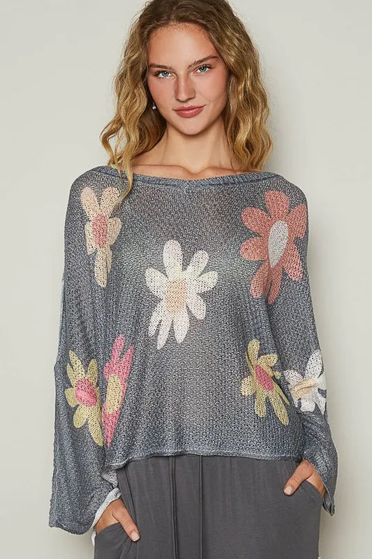 POL Flower Dropped Shoulder Long Sleeve Knit Top - Brittney MADE