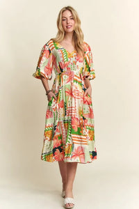 ADORA Floral V-Neck Puff Sleeve Midi Dress - Brittney MADE