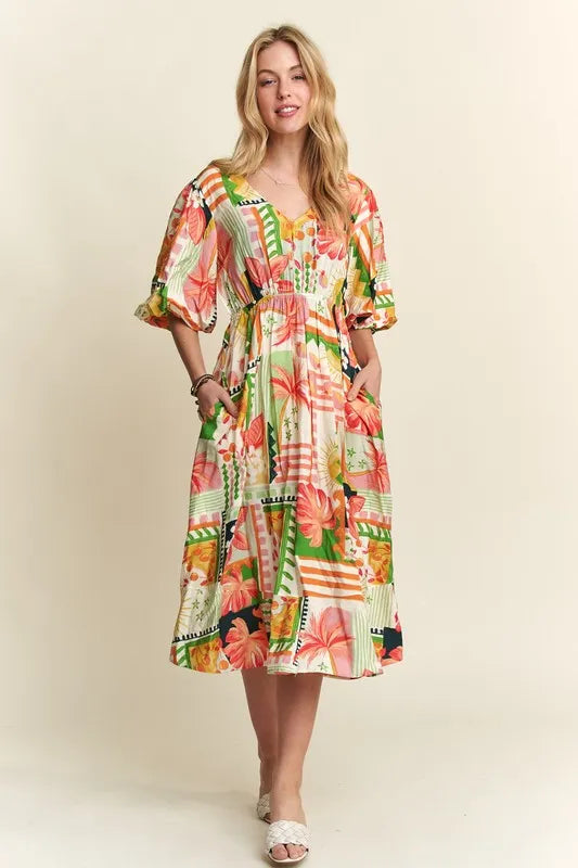 ADORA Floral V-Neck Puff Sleeve Midi Dress - Brittney MADE