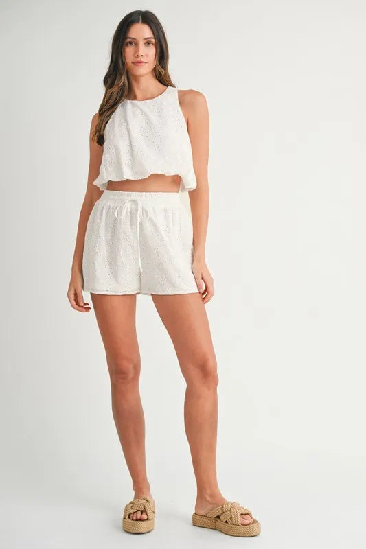 MABLE Eyelet Bubble Hem Sleeveless Top and Shorts Set - Brittney MADE
