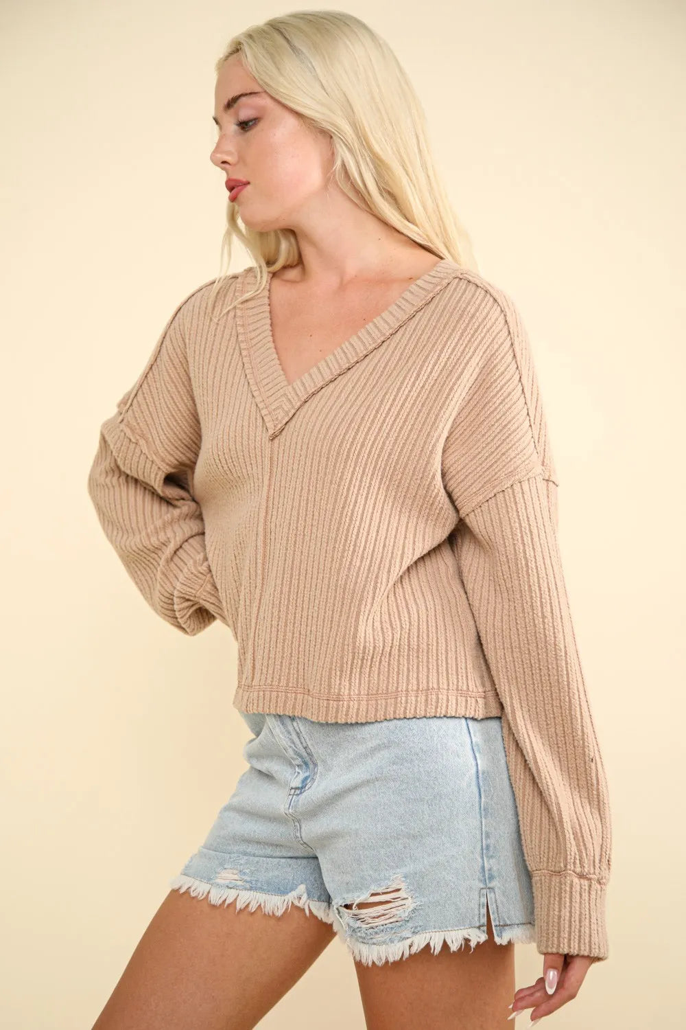 VERY J Exposed Seam V-Neck Ribbed Knit Top - Brittney MADE