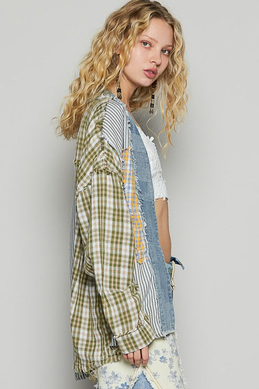 POL Raw Edge Plaid & Striped Open Front Cardigan - Brittney MADE