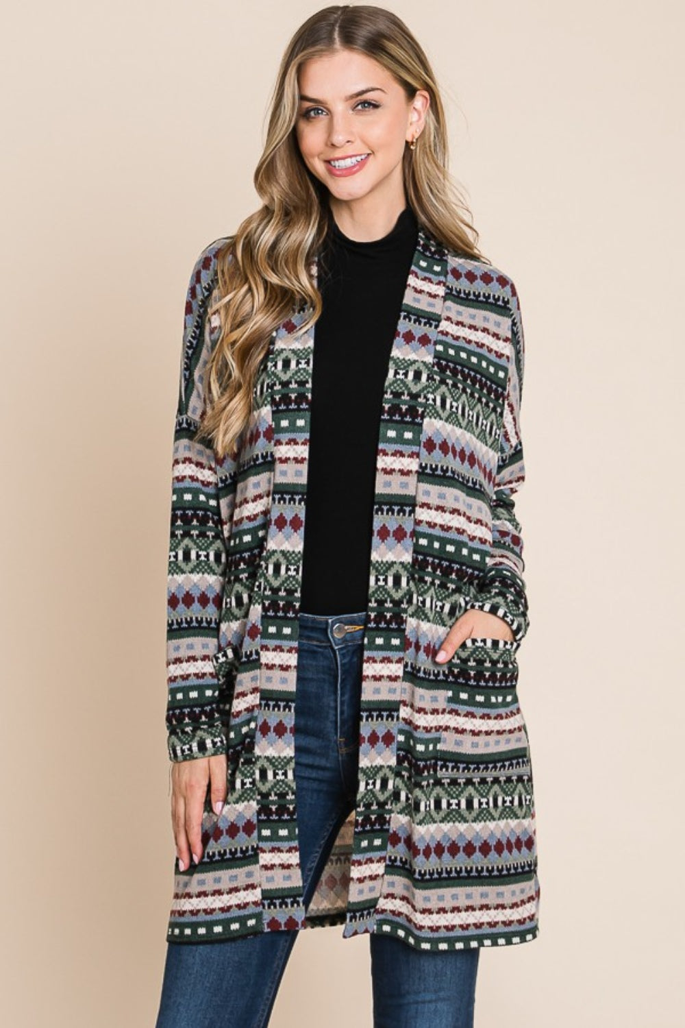 BOMBOM Geometric Open Front Long Sleeve Cardigan with Pockets - Brittney MADE