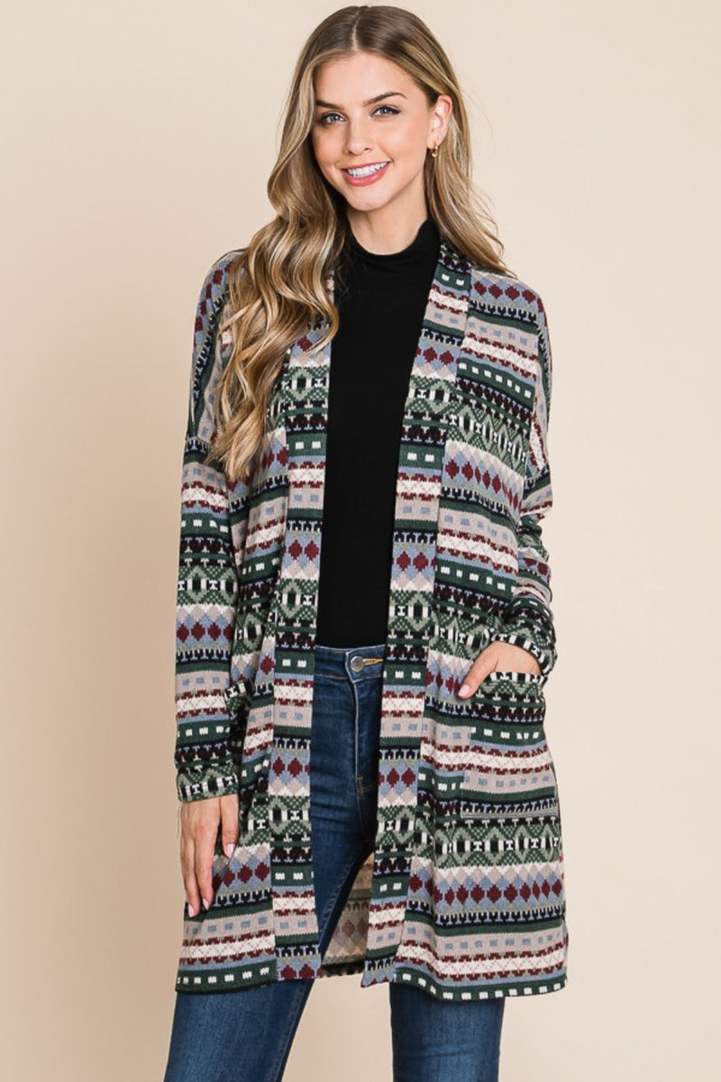 BOMBOM Geometric Open Front Long Sleeve Cardigan with Pockets - Brittney MADE