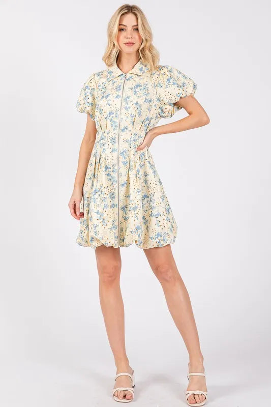 GeeGee Floral Eyelet Zipper Front Puff Sleeve Mini Dress - Brittney MADE
