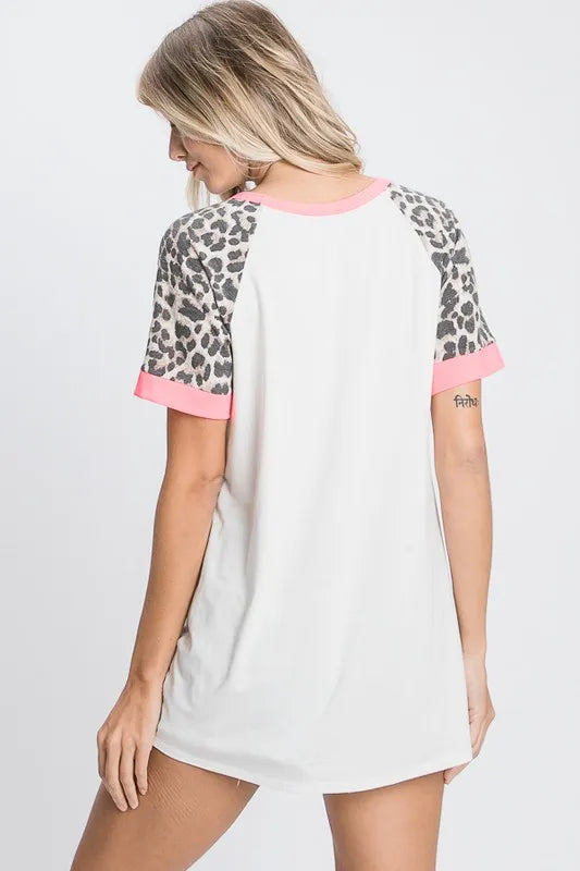 HeimishFull Size Leopard Round Neck Short Sleeve T-Shirt with Stitch Plus Size - Brittney MADE