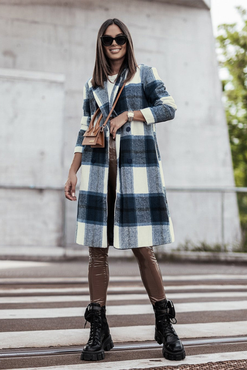 Double Take Full Size Plaid Button Up Lapel Collar Coat - Brittney MADE
