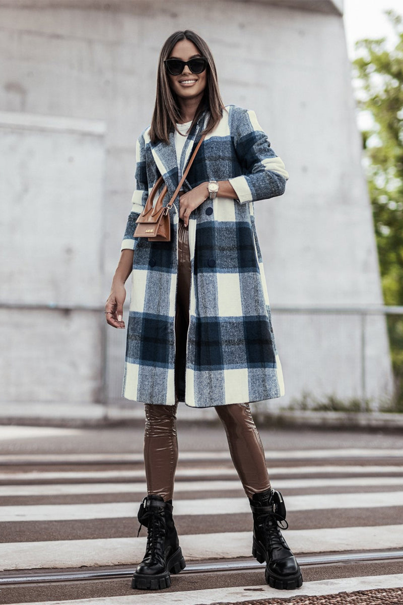 Double Take Full Size Plaid Button Up Lapel Collar Coat - Brittney MADE