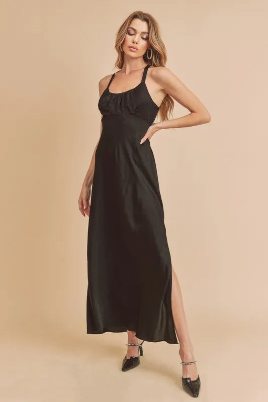 Aemi + Co Ruched Side Slit Cutout Back Maxi Cami Dress - Brittney MADE