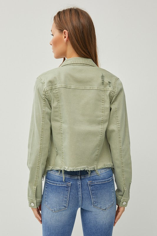 RISEN Full Size Raw Hem Button Up Cropped Denim Jacket Plus Size - Brittney MADE