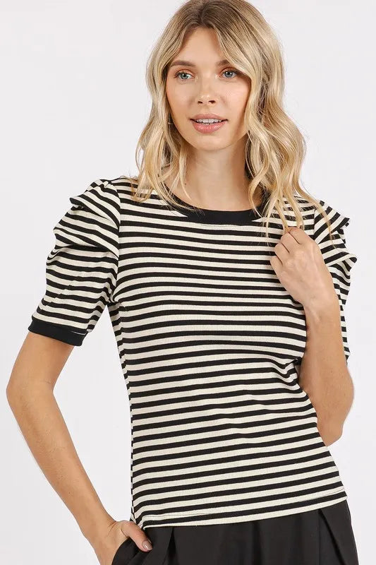 Mittoshop Striped Round Neck Puff Sleeve T-Shirt - Brittney MADE