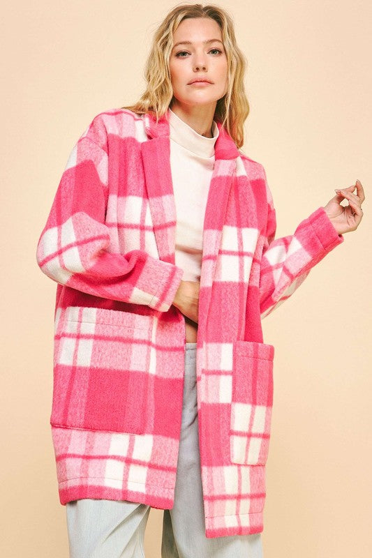 Davi & Dani Plaid Open Front Drop Shoulder Longline Coat - Brittney MADE