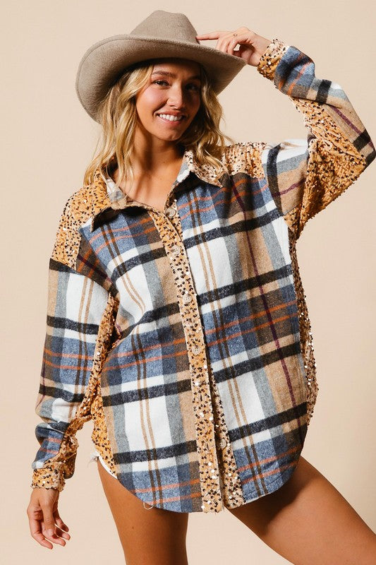 BiBi Curved Hem Sequin Plaid Button Up Shacket - Brittney MADE
