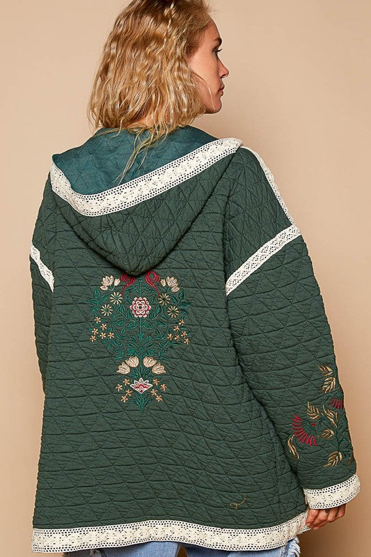 POL Embroidered Open Front Quilted Jacket with Crochet Pockets - Brittney MADE