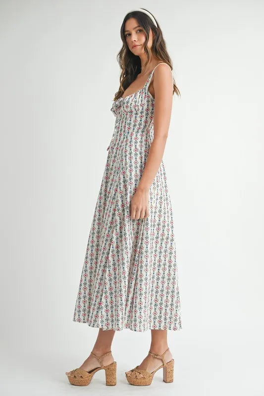 MABLE Floral Print Bustier Back Lace Up Midi Dress - Brittney MADE