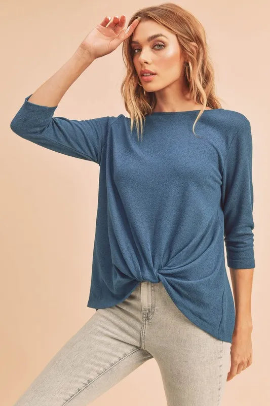 Aemi + Co Twist Front Round Neck 3/4 Sleeve T-Shirt - Brittney MADE