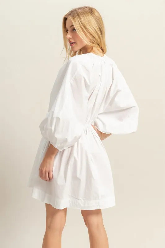 HYFVE Plunge Balloon Sleeve Poplin Mini Dress with Pockets - Brittney MADE
