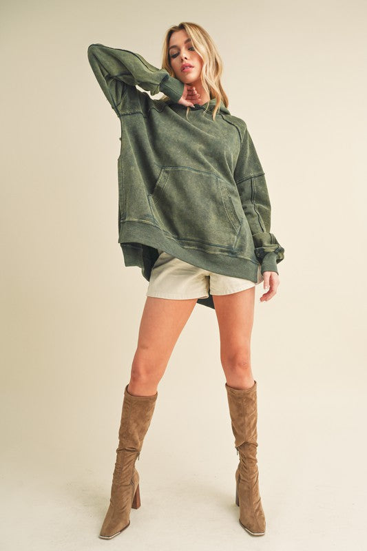 Aemi + Co Exposed Seam Side Slit Hoodie with Kangaroo Pocket - Brittney MADE