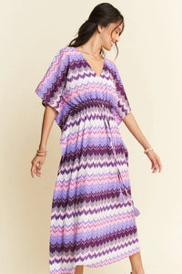 Davi & Dani Multi Color Wavy Tie Waist Flowy Sleeve Dress - Brittney MADE