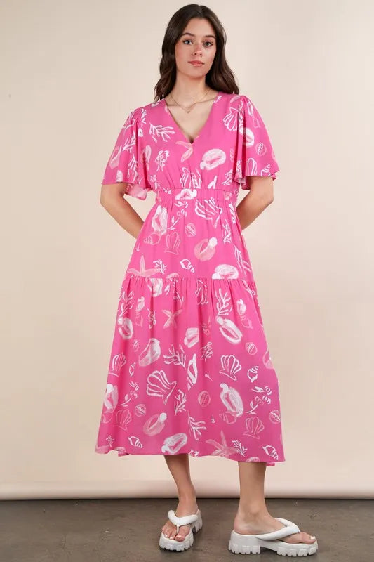 VERY J Printed V-Neck Resort Midi Dress - Brittney MADE
