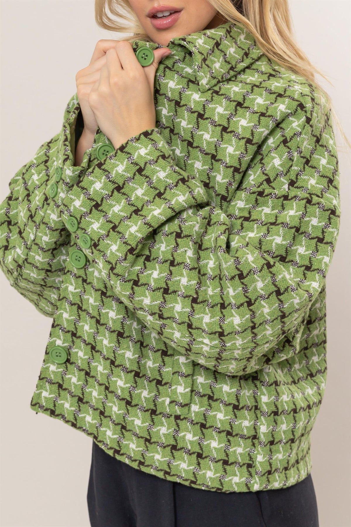 HYFVE Tweed Plaid Button Up Collared Neck Jacket - Brittney MADE