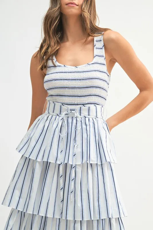 MABLE Pin Stripe Smocked Bodice Layered Midi Dress - Brittney MADE
