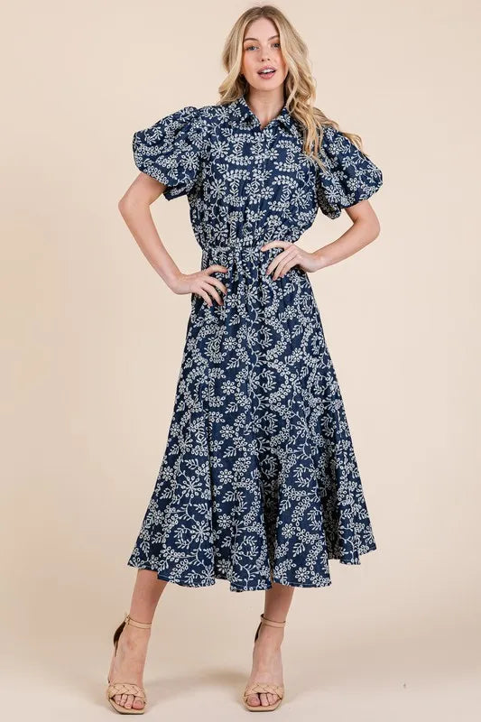 GeeGee Natural Leaf Pattern Eyelet Lace Puff Sleeve Dress - Brittney MADE