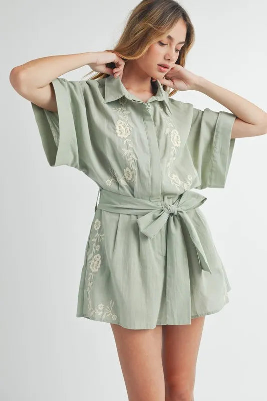 MABLE Embroidered Button Down Collared Neck Romper - Brittney MADE