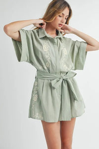 MABLE Embroidered Button Down Collared Neck Romper - Brittney MADE