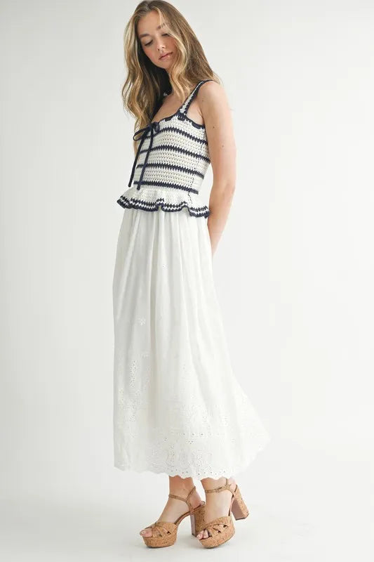 MABLE Crochet Stripe Knit Eyelet Mix Midi Dress - Brittney MADE