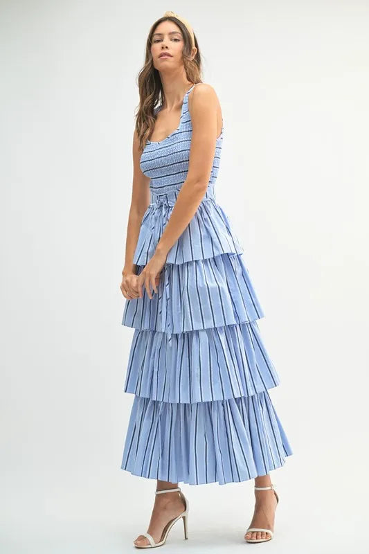 MABLE Pin Stripe Smocked Bodice Layered Midi Dress - Brittney MADE