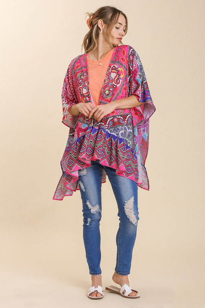 Umgee Full Size Mixed Print Ruffle Hem Open Front Cover Up Plus Size - Brittney MADE