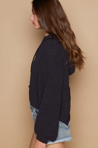POL Back Open Slit Balloon Sleeve Crop Hooded Sweater - Brittney MADE