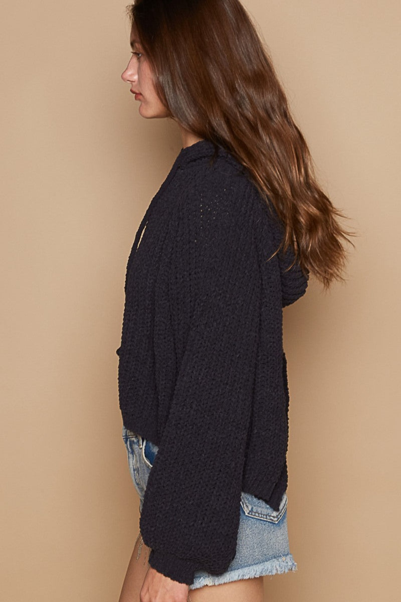POL Back Open Slit Balloon Sleeve Crop Hooded Sweater - Brittney MADE